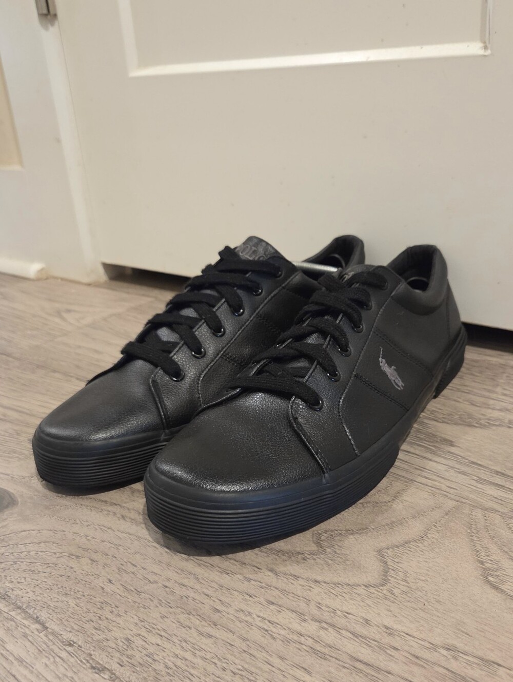 Polo Ralph Lauren Hugh Pebbled Leather Trainer Sneakers - Size 14 - Black & Grey